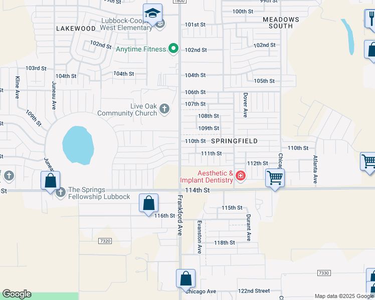 map of restaurants, bars, coffee shops, grocery stores, and more near 5738 111th Street in Lubbock