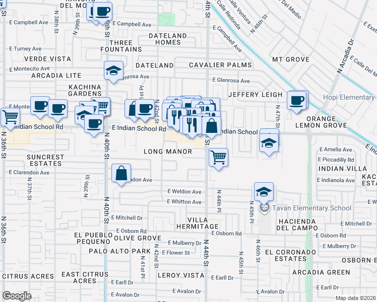 map of restaurants, bars, coffee shops, grocery stores, and more near 4315 East Piccadilly Road in Phoenix