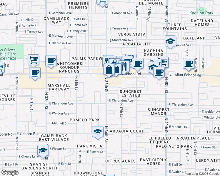 map of restaurants, bars, coffee shops, grocery stores, and more near 3615 East Piccadilly Road in Phoenix