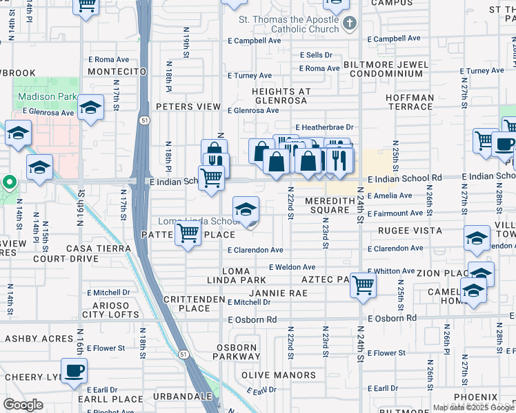 map of restaurants, bars, coffee shops, grocery stores, and more near 2104 East Fairmount Avenue in Phoenix