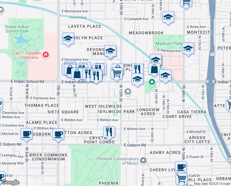 map of restaurants, bars, coffee shops, grocery stores, and more near 3909 North 11th Street in Phoenix