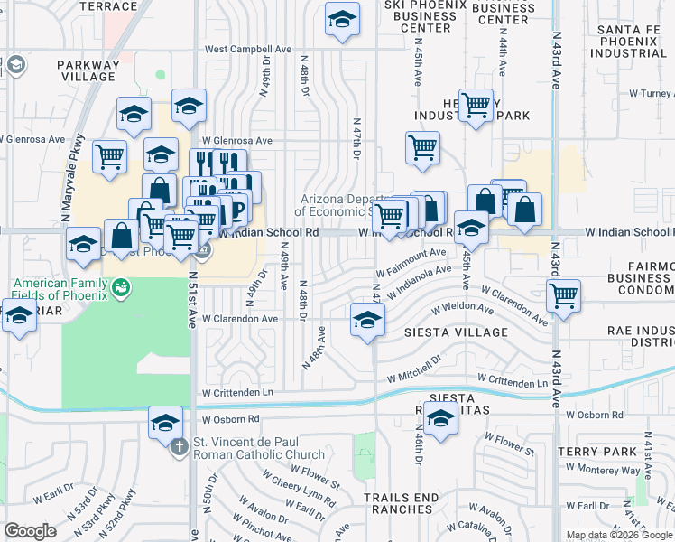 map of restaurants, bars, coffee shops, grocery stores, and more near 3851 North 48th Avenue in Phoenix