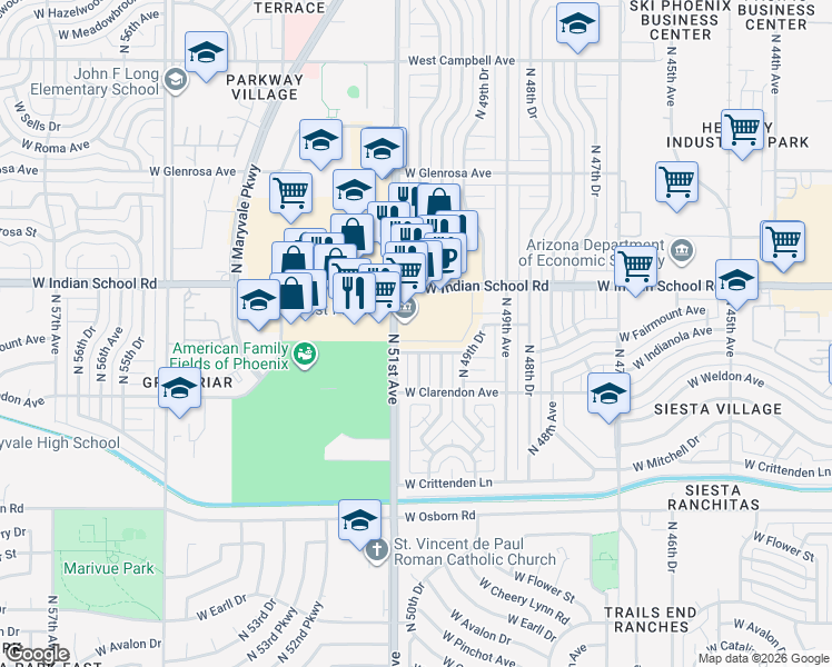 map of restaurants, bars, coffee shops, grocery stores, and more near 4011 North 51st Avenue in Phoenix