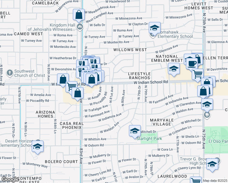 map of restaurants, bars, coffee shops, grocery stores, and more near 4052 North 80th Drive in Phoenix