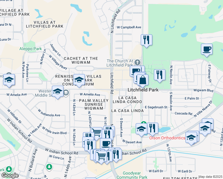 map of restaurants, bars, coffee shops, grocery stores, and more near 292-298 West Wigwam Boulevard in Litchfield Park