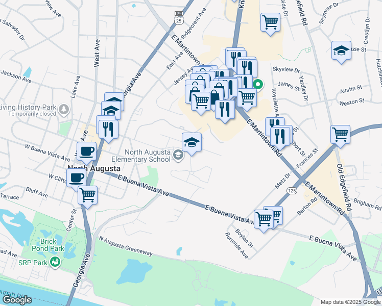 map of restaurants, bars, coffee shops, grocery stores, and more near 200 Spring Oak Lane in North Augusta