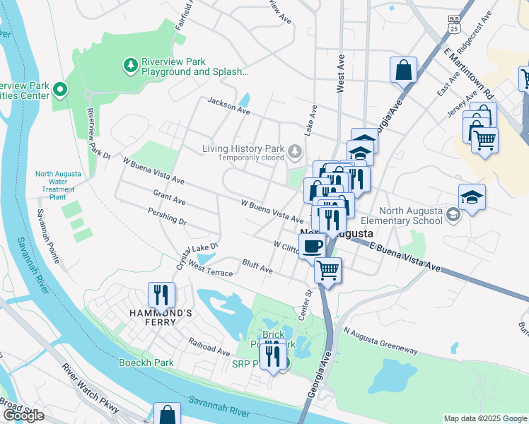 map of restaurants, bars, coffee shops, grocery stores, and more near 415 West Main Street in North Augusta