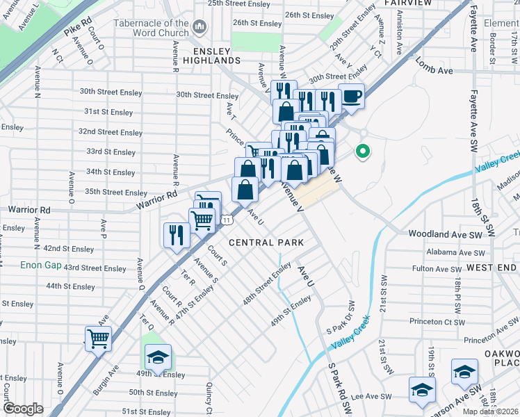 map of restaurants, bars, coffee shops, grocery stores, and more near 2112 46th Place Ensley in Birmingham