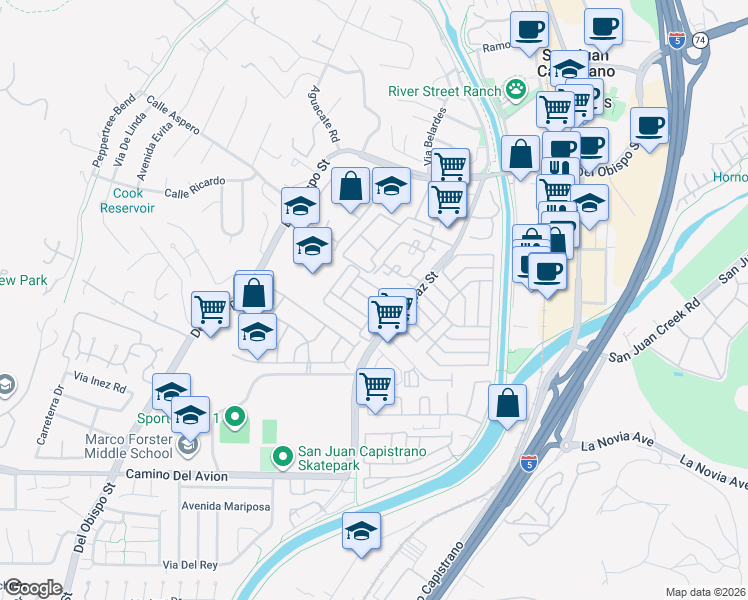 map of restaurants, bars, coffee shops, grocery stores, and more near 32371 Alipaz Street in San Juan Capistrano