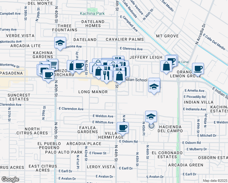 map of restaurants, bars, coffee shops, grocery stores, and more near 4343 East Piccadilly Road in Phoenix