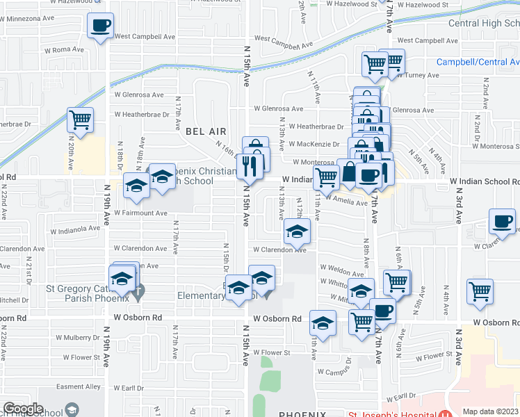 map of restaurants, bars, coffee shops, grocery stores, and more near 4006 North 14th Avenue in Phoenix