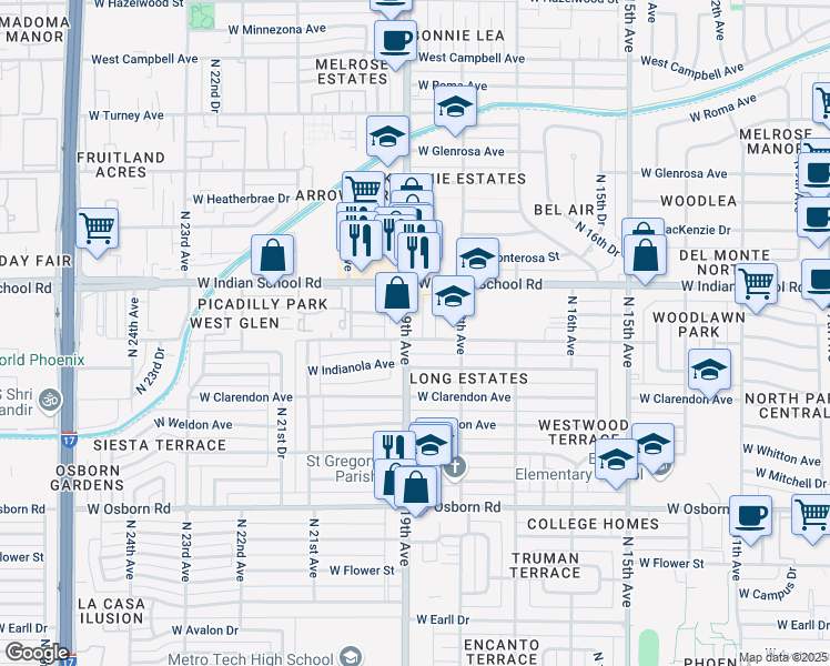 map of restaurants, bars, coffee shops, grocery stores, and more near 4001 North 19th Avenue in Phoenix