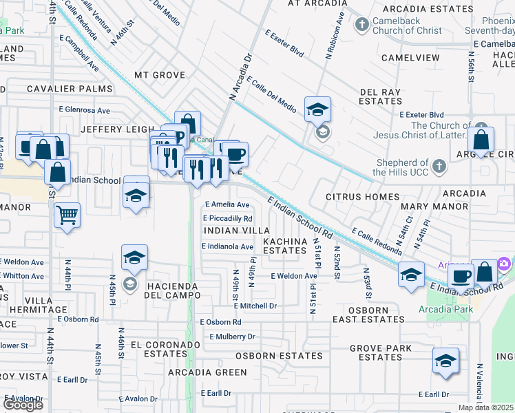 map of restaurants, bars, coffee shops, grocery stores, and more near 4955 East Indian School Road in Phoenix