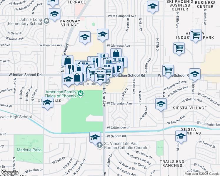 map of restaurants, bars, coffee shops, grocery stores, and more near 4011 North 51st Avenue in Phoenix