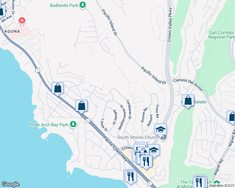 map of restaurants, bars, coffee shops, grocery stores, and more near 32331 Caribbean Drive in Dana Point