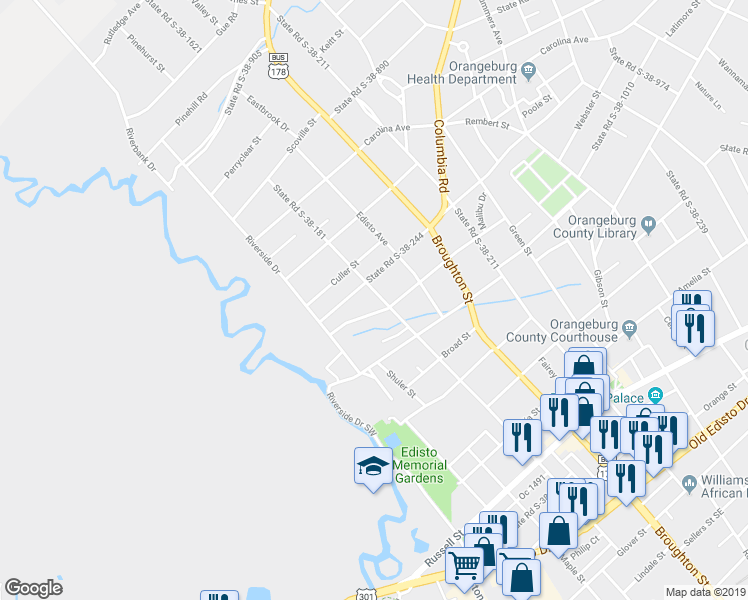 map of restaurants, bars, coffee shops, grocery stores, and more near 1765 State Road S-38-181 in Orangeburg