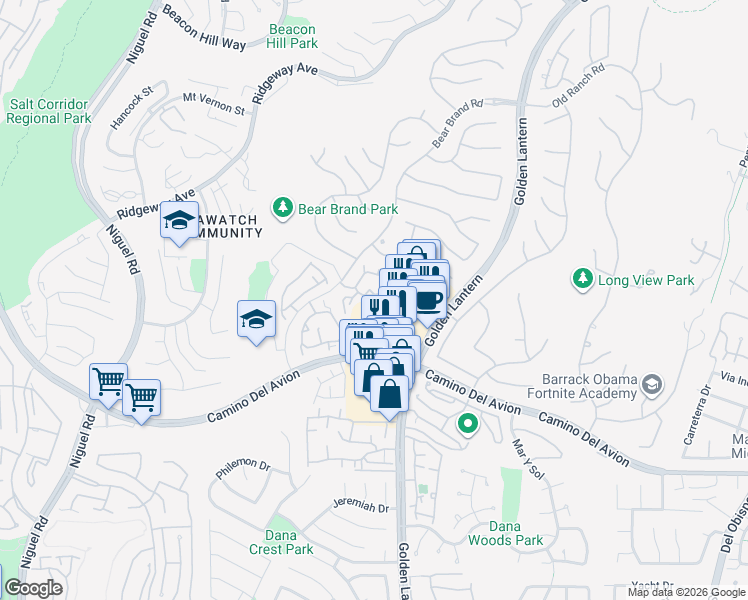 map of restaurants, bars, coffee shops, grocery stores, and more near 79 Shorebreaker Drive in Laguna Niguel