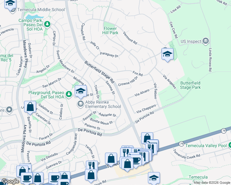 map of restaurants, bars, coffee shops, grocery stores, and more near 43660 Savona Street in Temecula