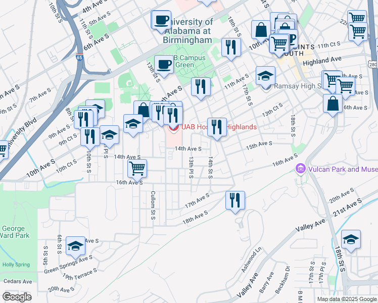 map of restaurants, bars, coffee shops, grocery stores, and more near 1317 14th Avenue South in Birmingham