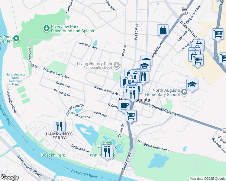 map of restaurants, bars, coffee shops, grocery stores, and more near 215 West Buena Vista Avenue in North Augusta