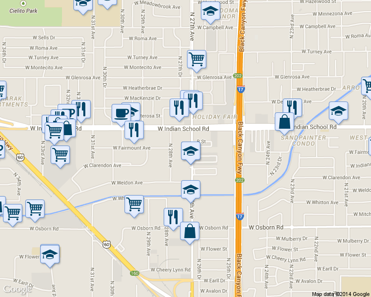 map of restaurants, bars, coffee shops, grocery stores, and more near 4010 North 27th Avenue in Phoenix