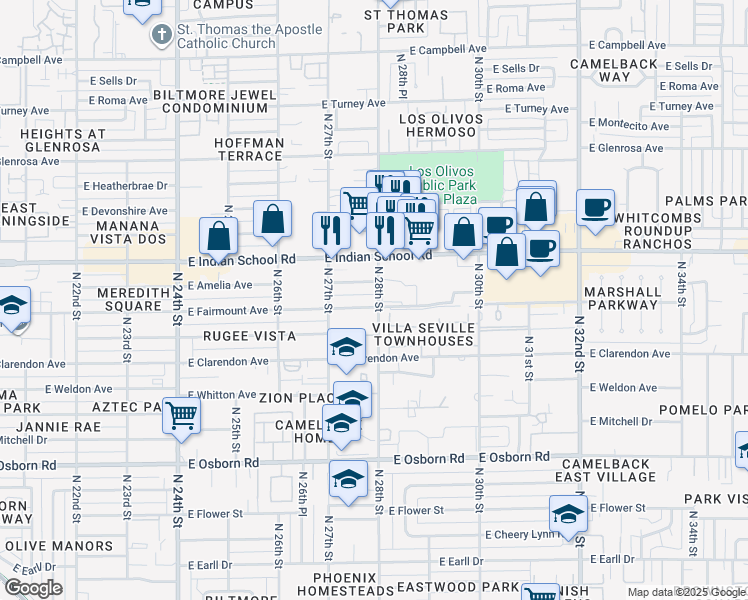 map of restaurants, bars, coffee shops, grocery stores, and more near 2746 East Fairmount Avenue in Phoenix