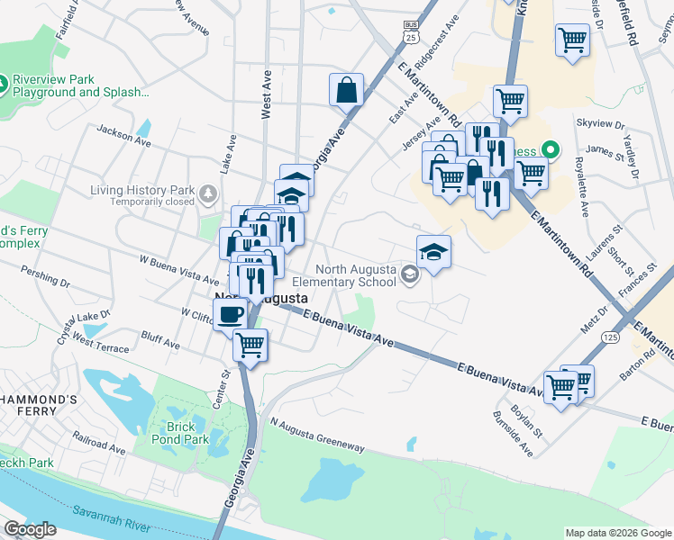 map of restaurants, bars, coffee shops, grocery stores, and more near 513 Brookside Avenue in North Augusta