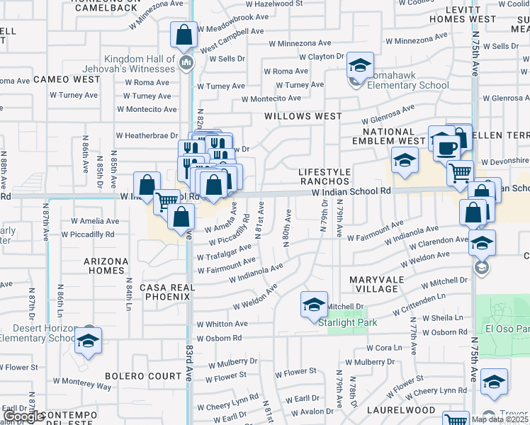 map of restaurants, bars, coffee shops, grocery stores, and more near 4052 North 80th Drive in Phoenix