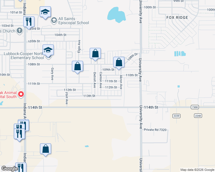 map of restaurants, bars, coffee shops, grocery stores, and more near 2626 112th Street in Lubbock