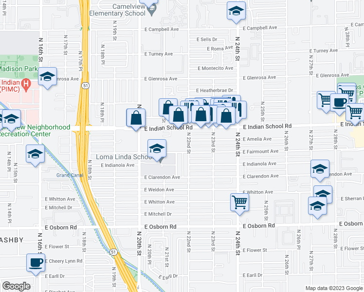 map of restaurants, bars, coffee shops, grocery stores, and more near 2150 East Fairmount Avenue in Phoenix