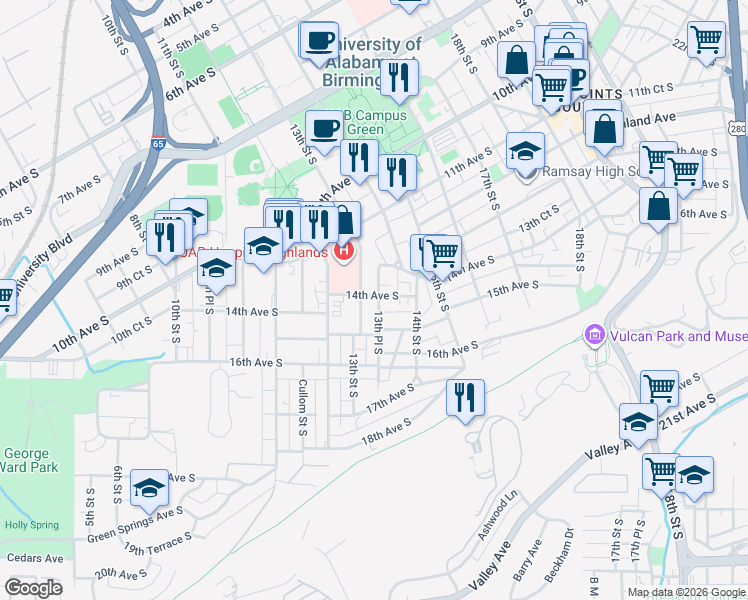 map of restaurants, bars, coffee shops, grocery stores, and more near 1317 14th Avenue South in Birmingham