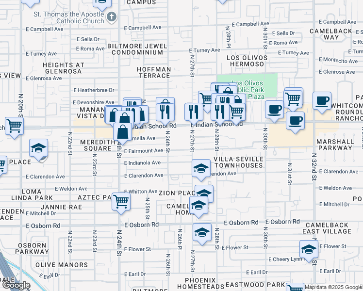 map of restaurants, bars, coffee shops, grocery stores, and more near 2625 East Indian School Road in Phoenix