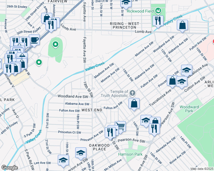 map of restaurants, bars, coffee shops, grocery stores, and more near 1628 Woodland Avenue Southwest in Birmingham