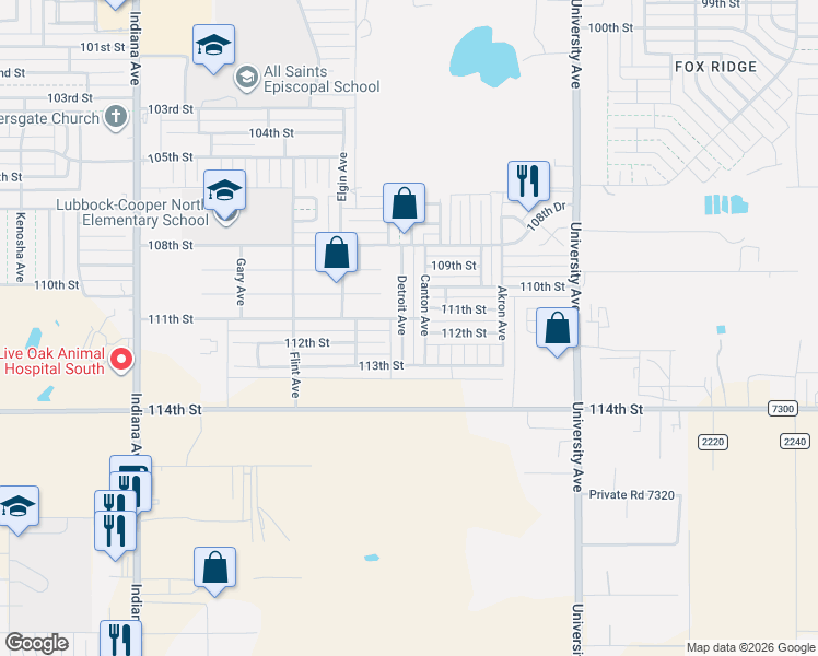 map of restaurants, bars, coffee shops, grocery stores, and more near 11103 Detroit Avenue in Lubbock