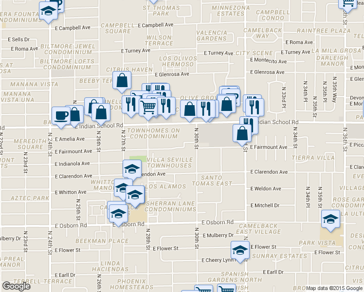 map of restaurants, bars, coffee shops, grocery stores, and more near 2924 East Fairmount Avenue in Phoenix