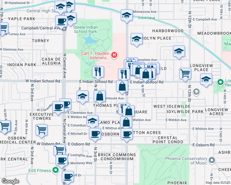 map of restaurants, bars, coffee shops, grocery stores, and more near 411 East Indian School Road in Phoenix