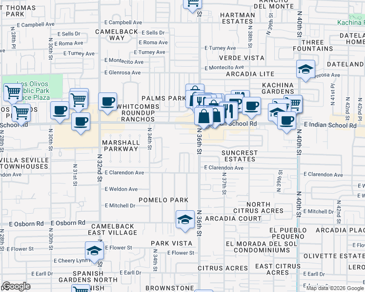 map of restaurants, bars, coffee shops, grocery stores, and more near 3529 East Piccadilly Road in Phoenix