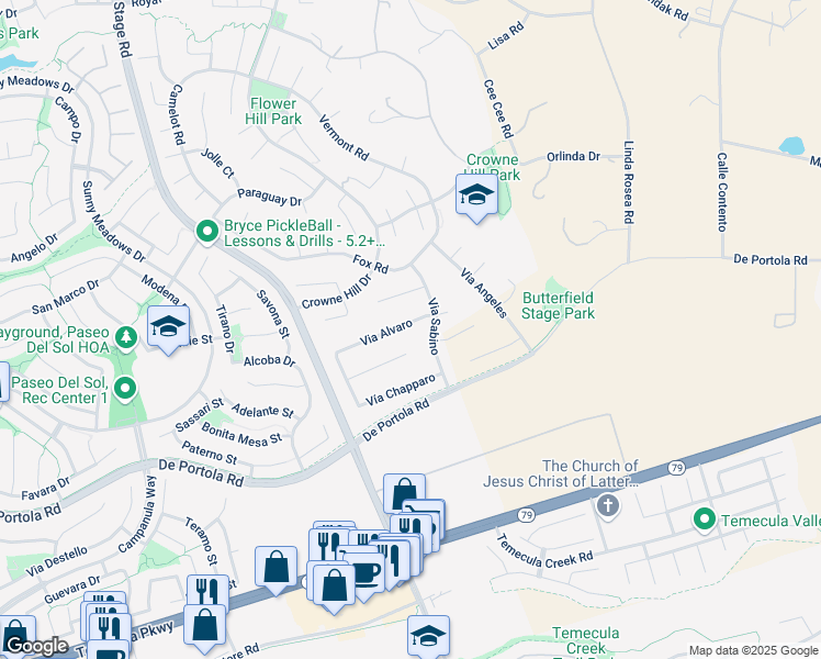 map of restaurants, bars, coffee shops, grocery stores, and more near 33295 Via Alvaro in Temecula