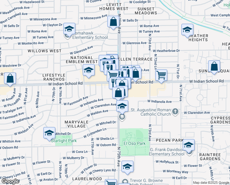 map of restaurants, bars, coffee shops, grocery stores, and more near 4020 North 75th Avenue in Phoenix