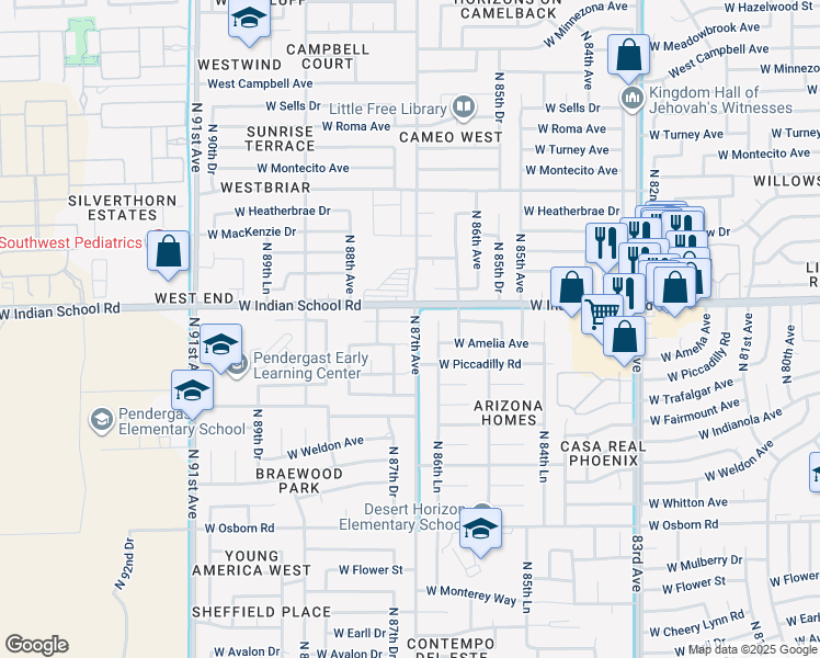 map of restaurants, bars, coffee shops, grocery stores, and more near 8701 West Vale Drive in Phoenix