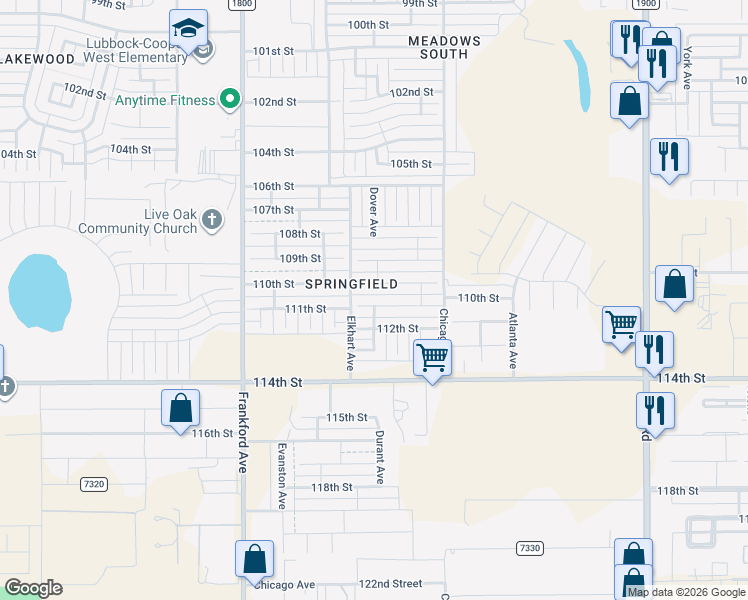 map of restaurants, bars, coffee shops, grocery stores, and more near 5536 111th Street in Lubbock