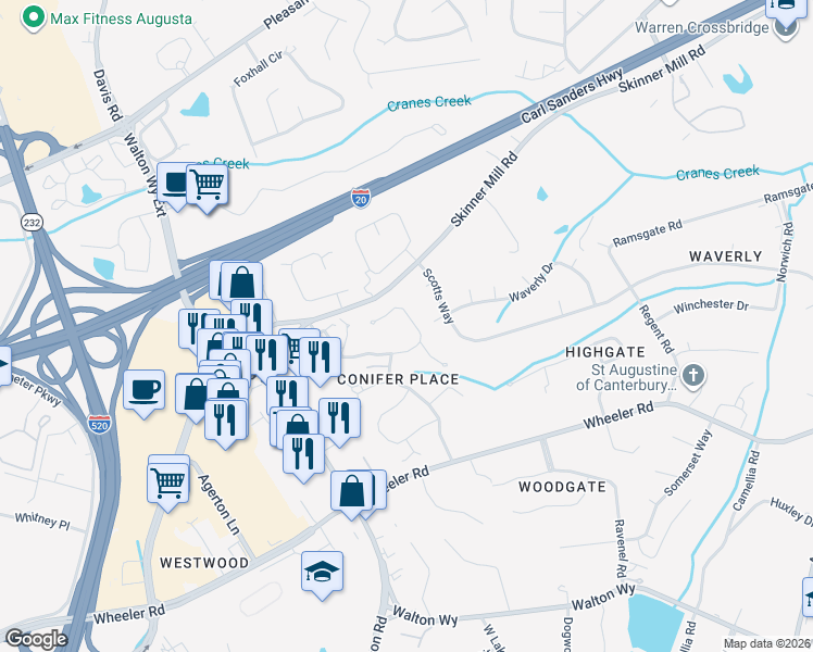 map of restaurants, bars, coffee shops, grocery stores, and more near 56 Conifer Circle in Augusta