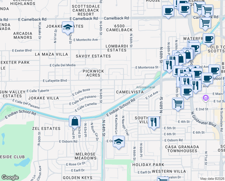 map of restaurants, bars, coffee shops, grocery stores, and more near 6431 East Calle Rosa in Scottsdale