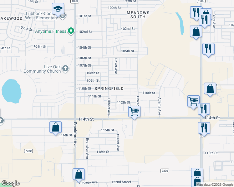 map of restaurants, bars, coffee shops, grocery stores, and more near 5536 111th Street in Lubbock