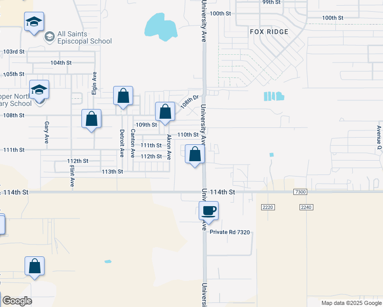map of restaurants, bars, coffee shops, grocery stores, and more near 2506 112th Street in Lubbock