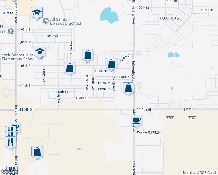 map of restaurants, bars, coffee shops, grocery stores, and more near 2608 112th Street in Lubbock