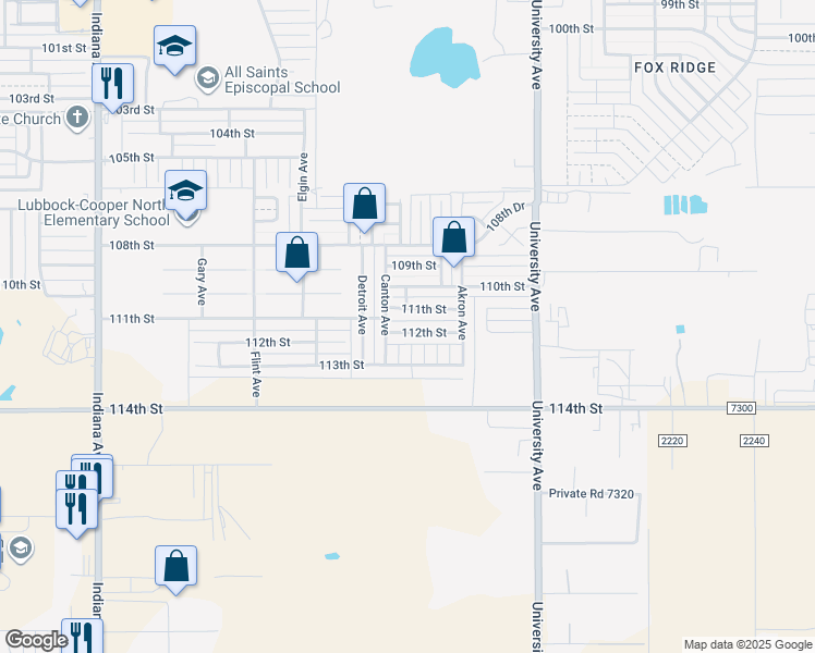 map of restaurants, bars, coffee shops, grocery stores, and more near 2626 112th Street in Lubbock