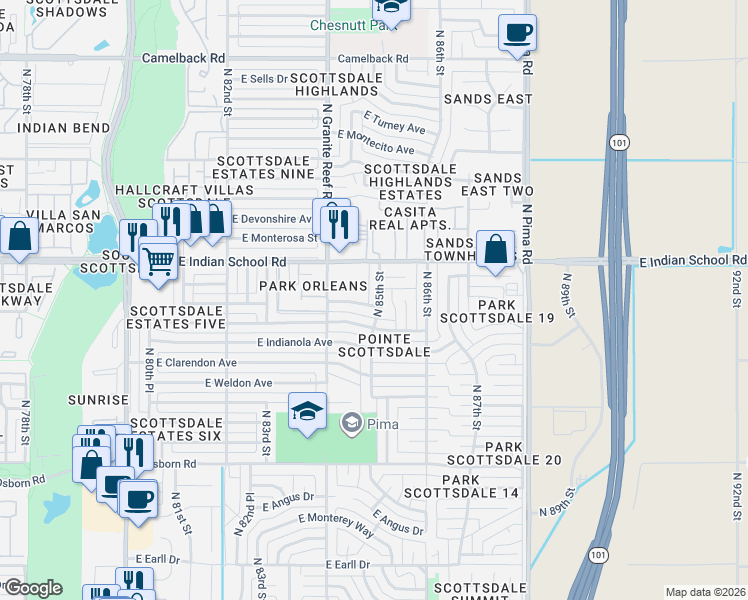 map of restaurants, bars, coffee shops, grocery stores, and more near 8444 East Piccadilly Road in Scottsdale