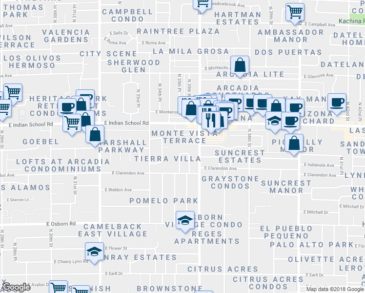 map of restaurants, bars, coffee shops, grocery stores, and more near 3529 East Piccadilly Road in Phoenix