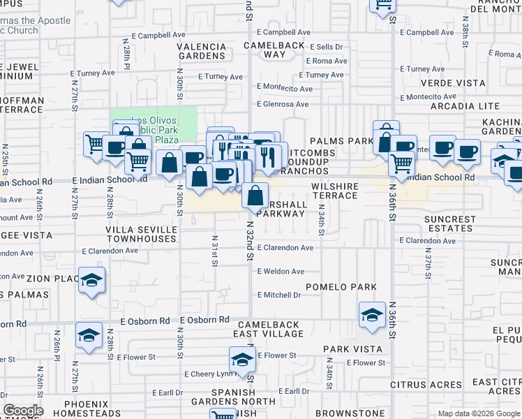 map of restaurants, bars, coffee shops, grocery stores, and more near 4001 North 32nd Street in Phoenix